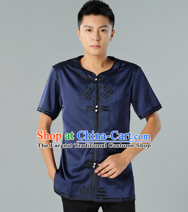 Chinese Mongol Nationality Navy Silk Short Sleeve Shirt Traditional Ethnic Minority Costume Upper Outer Garment for Men