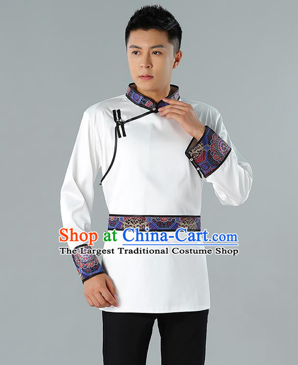 Chinese National White Shirt Traditional Ethnic Upper Outer Garment Mongol Minority Informal Costume for Men