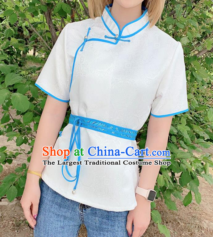 Chinese Mongol Ethnic White Brocade Blouse Traditional Mongolian Minority Female Garment Shirt Costume