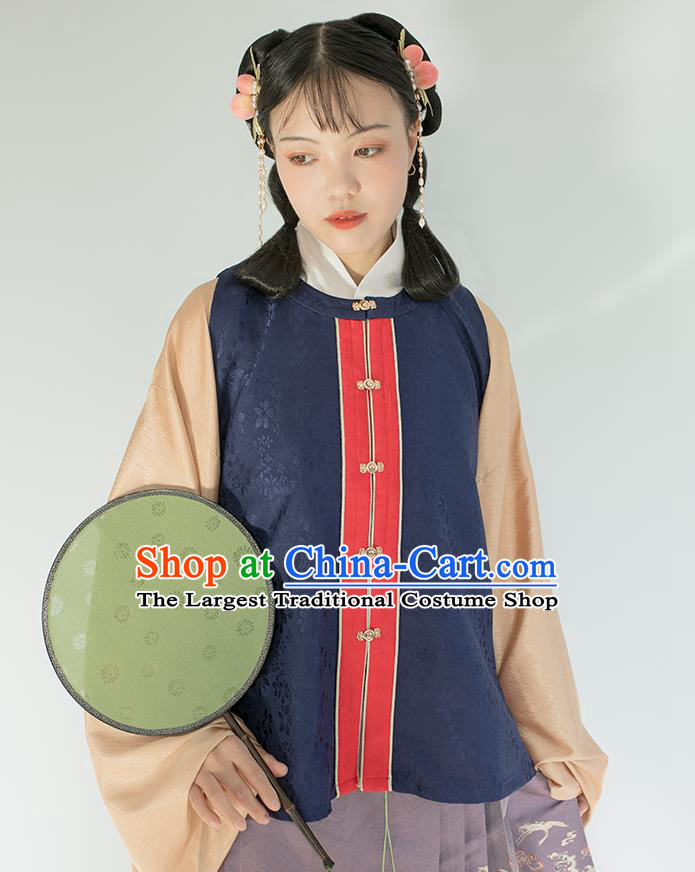 Chinese Traditional Ming Dynasty Princess Navy Brocade Vest Ancient Noble Lady Waistcoat Hanfu Garment