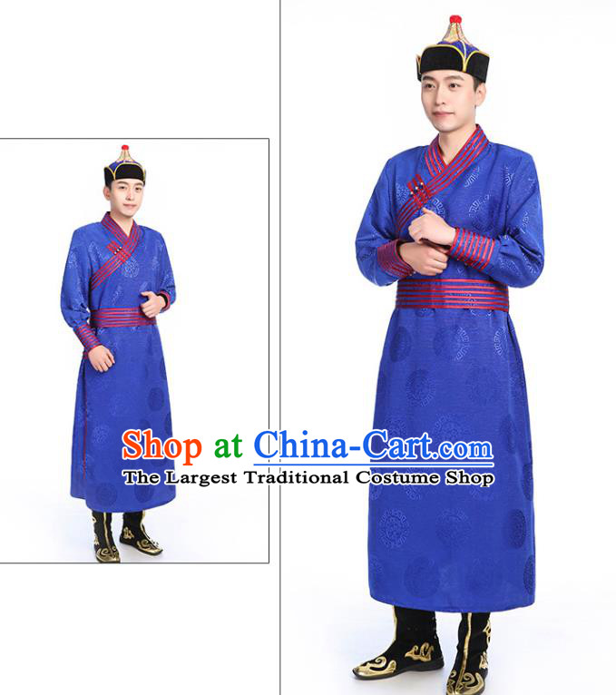 Chinese Traditional Ethnic Royalblue Mongolian Robe Mongolian Men Dance Garment Mongol Minority Stage Performance Costume