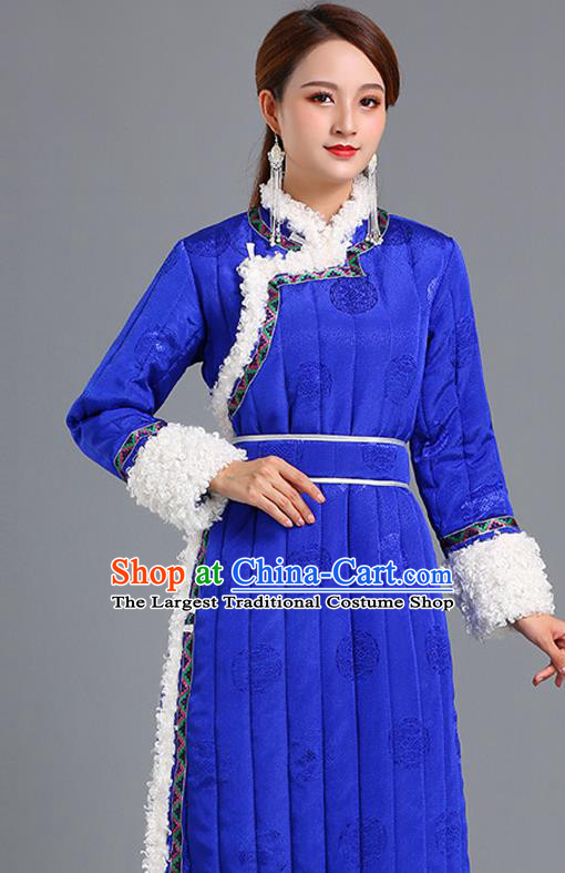 Traditional Chinese Mongol Minority Women Royalblue Mongolian Robe Apparels Ethnic Costume Mongolian Nationality Winter Garment