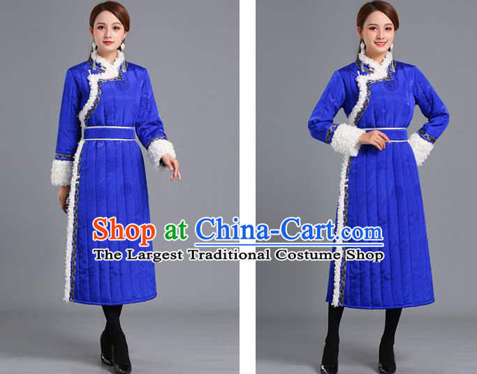 Traditional Chinese Mongol Minority Women Royalblue Mongolian Robe Apparels Ethnic Costume Mongolian Nationality Winter Garment