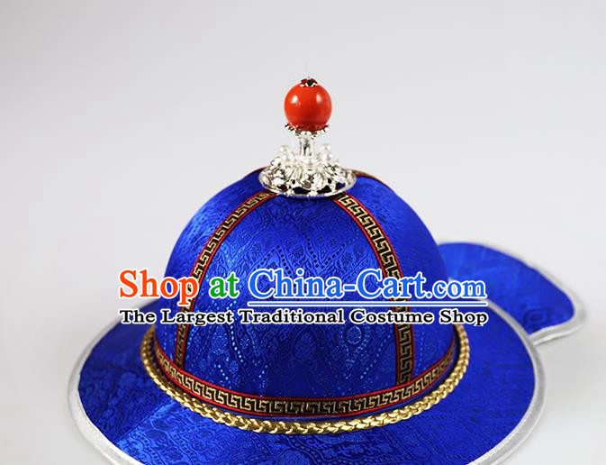 Traditional Chinese Mongol Minority Children Royalblue Brocade Hat Mongolian Ethnic Dance Performance Headwear for Kids