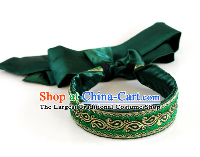 Traditional Chinese Ethnic Green Silk Ribbon Hair Clasp Mongol Minority Headband Mongolian Dance Hair Accessories