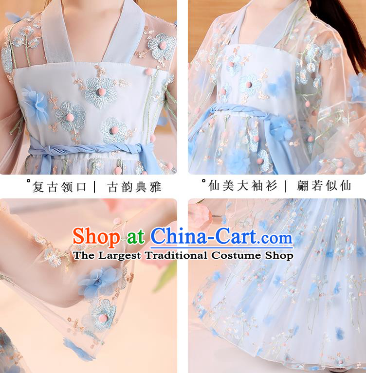 Chinese Traditional Blue Hanfu Dress Ancient Song Dynasty Girl Costumes Stage Show Apparels for Kids