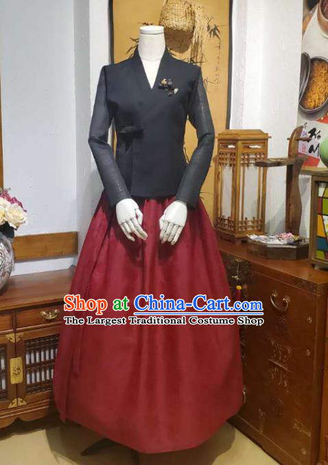Korean Mother Traditional Black Blouse and Wine Red Dress Asian Korea National Fashion Costumes Hanbok Women Informal Apparels