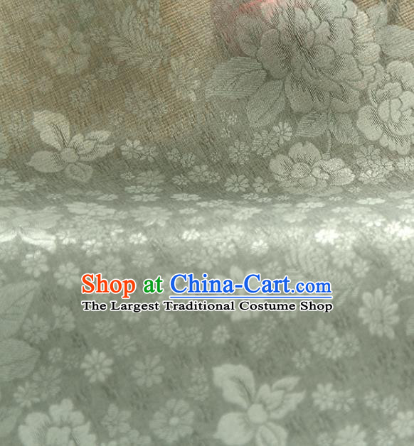 Asian Korea Classical Peony Flowers Pattern Gray Silk Fabric Korean Fashion Drapery Traditional Hanbok Material