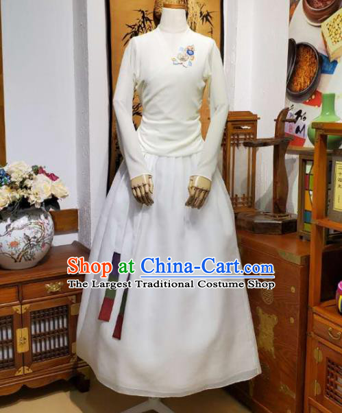Korean Dance Training Beige Veil Blouse and Skirt Asian Women Hanbok Informal Apparels Korea Fashion Traditional Costumes