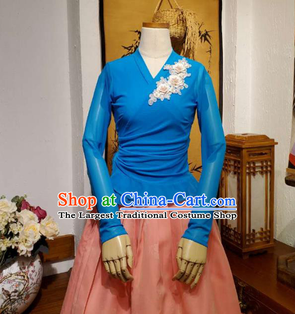 Korean Dance Training Blue Veil Blouse and Pink Skirt Asian Women Hanbok Informal Apparels Korea Fashion Traditional Costumes