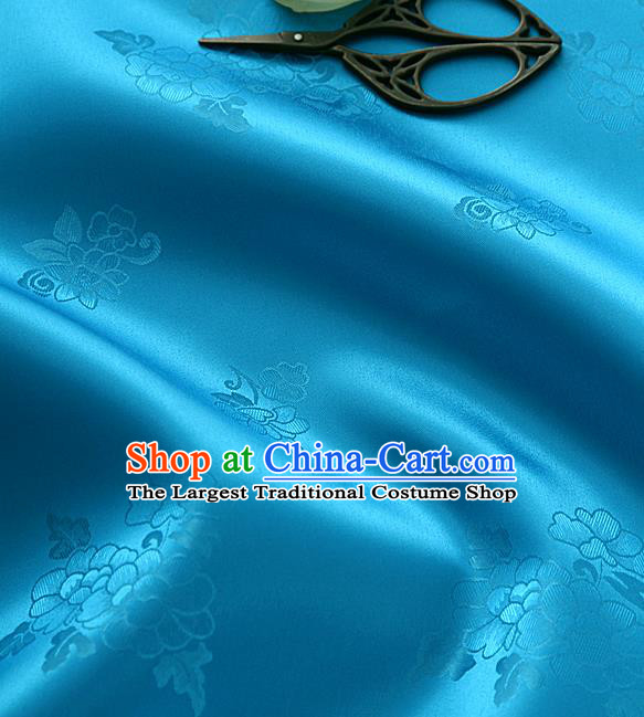 Traditional Korean Classical Roses Pattern Blue Satin Drapery Hanbok Material Asian Korea Fashion Silk Fabric