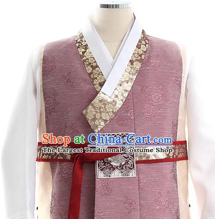 Asian Korea Men Embroidered Cameo Brown Vest Shirt and Pants Korean Wedding Fashion Traditional Apparels Bridegroom Hanbok Costumes
