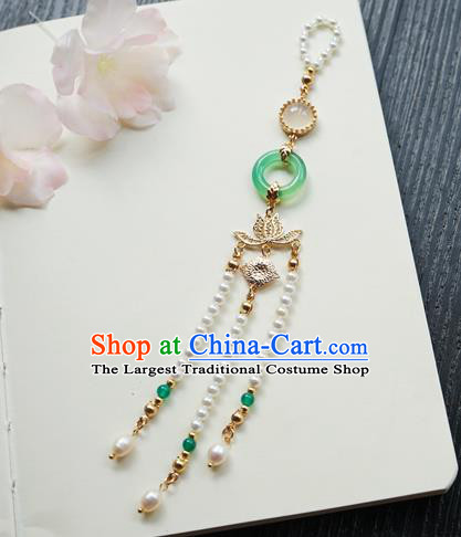 Chinese Classical Jewelry Accessories Ancient Hanfu Green Ring Brooch Golden Lotus Beads Tassel Pendant