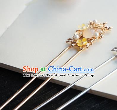 Chinese Classical Pink Chalcedony Hair Clip Hair Accessories Handmade Ancient Hanfu Golden Hairpin for Women