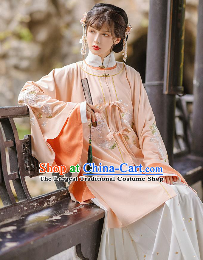 Chinese Ming Dynasty Historical Costumes Traditional Hanfu Apparels Ancient Patrician Lady Pink Gown and Skirt Complete Set