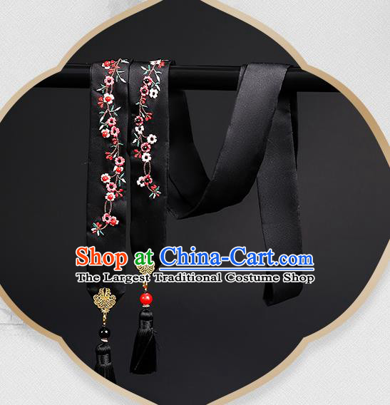 Chinese Classical Embroidered Black Silk Headband Hanfu Hair Accessories Handmade Tassel Bandeau Hairlace for Women
