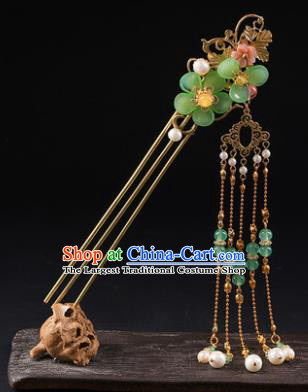 Chinese Classical Green Plum Hair Clip Hanfu Hair Accessories Handmade Ancient Princess Golden Tassel Hairpins for Women