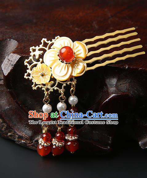 Chinese Classical Red Beads Tassel Hair Combs Pendant Hanfu Hair Accessories Handmade Ancient Princess Shell Hairpins for Women