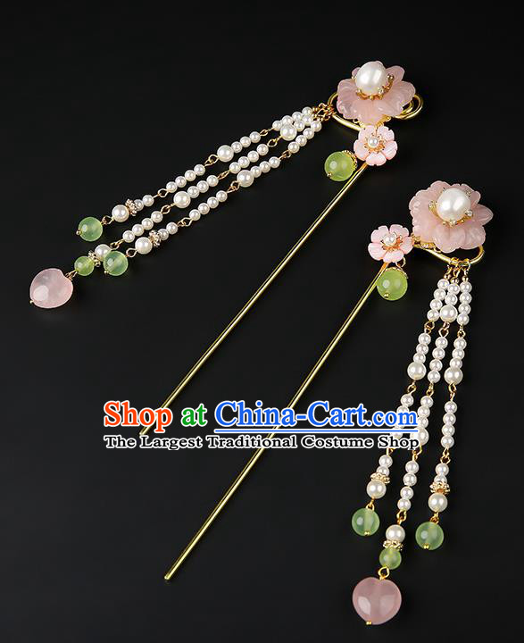 Chinese Classical Pink Plum Hair Clip Hanfu Hair Accessories Handmade Ancient Song Dynasty Imperial Concubine Beads Tassel Hairpins for Women