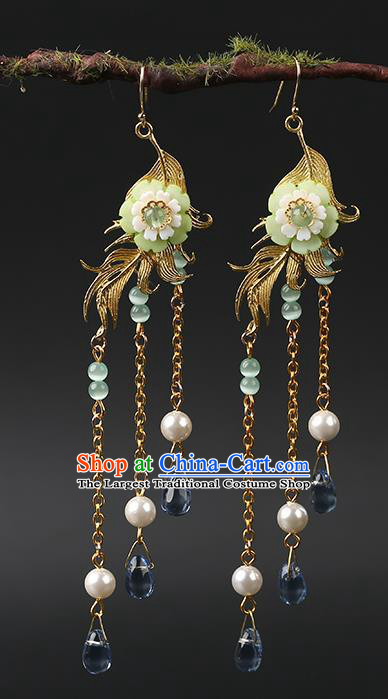 Handmade Chinese Green Flower Ear Accessories Classical Eardrop Ancient Women Hanfu Long Tassel Earrings