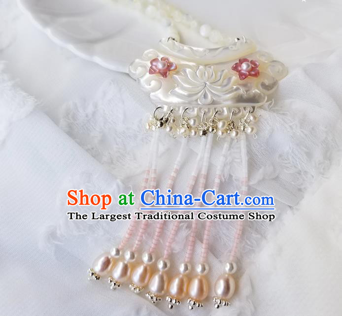 Chinese Classical Shell Lotus Hair Claw Hanfu Hair Accessories Handmade Ancient Queen Pearls Tassel Hairpins for Women
