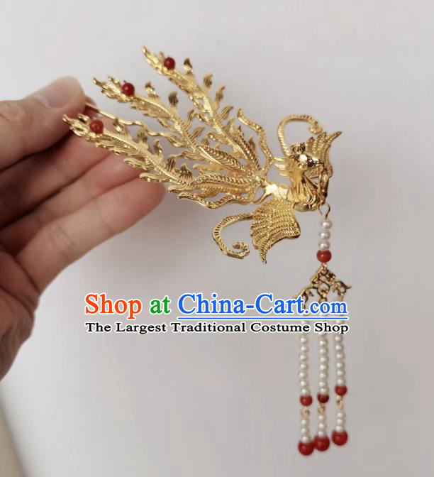 Chinese Classical Ancient Empress Golden Phoenix Hairpins Women Hanfu Hair Accessories Handmade Ming Dynasty Court Tassel Hair Clip