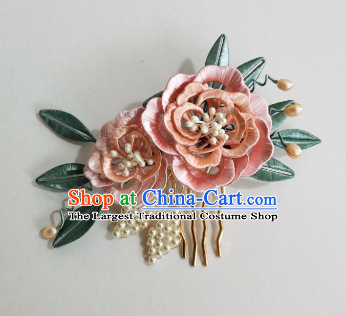 Chinese Classical Ancient Princess Pink Silk Peony Hair Comb Women Hanfu Hair Accessories Handmade Qing Dynasty Pearls Hairpin