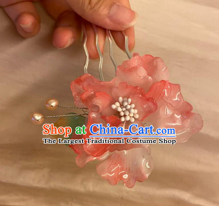 Chinese Ancient Palace Lady Pink Peony Hairpin Hanfu Hair Accessories Handmade Pearl Hair Comb