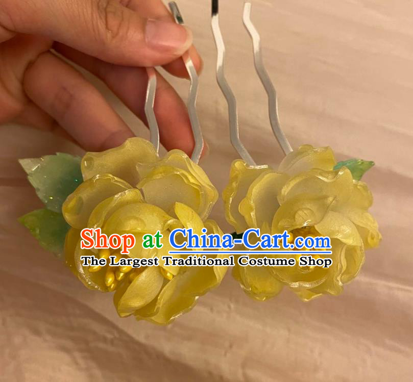 Chinese Ancient Palace Lady Peony Hairpin Hanfu Hair Accessories Handmade Yellow Flowers Hair Comb