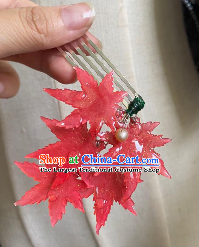 Chinese Ancient Palace Lady Red Maple Leaf Hairpin Hanfu Hair Accessories Handmade Argent Hair Clip