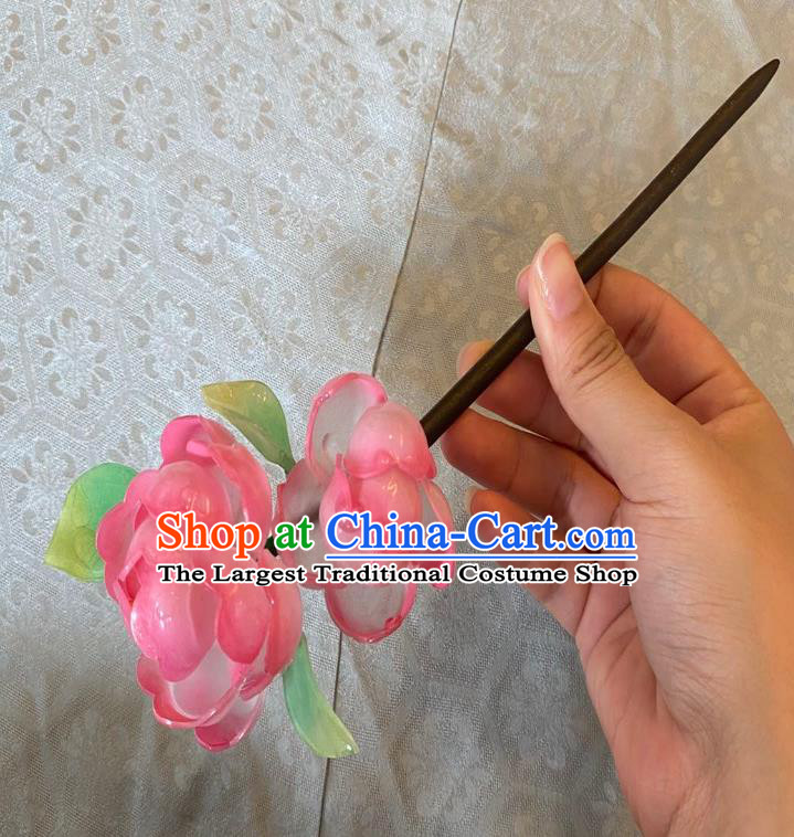 Chinese Classical Wood Hair Clip Handmade Ancient Princess Pink Peach Blossom Hairpin Women Hanfu Hair Accessories