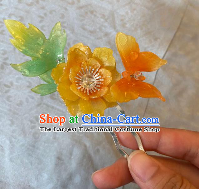 Chinese Classical Yellow Peony Butterfly Hair Clip Handmade Ancient Princess Hairpin Women Hanfu Hair Accessories