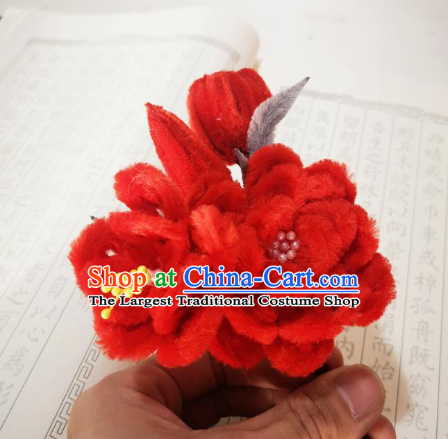 Chinese Ancient Princess Red Velvet Flowers Hairpins Hair Accessories Handmade Qing Dynasty Palace Lady Camellia Hair Stick