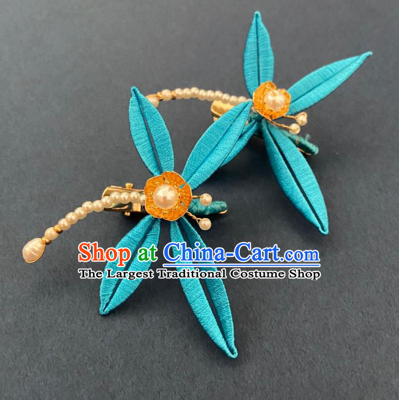 Chinese Ancient Princess Pearls Hairpins Hair Accessories Handmade Song Dynasty Blue Silk Dragonfly Hair Sticks