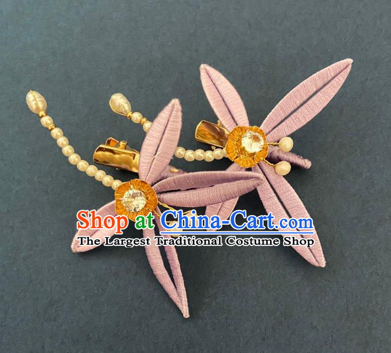 Chinese Ancient Princess Pearls Hairpins Hair Accessories Handmade Song Dynasty Lilac Silk Dragonfly Hair Sticks