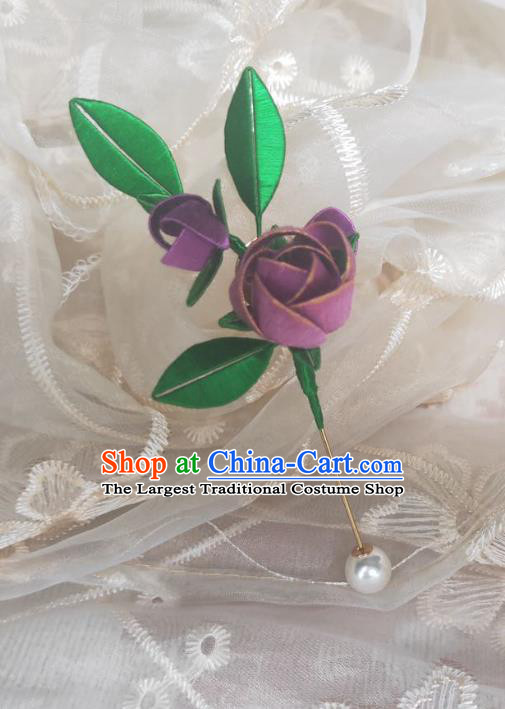 Chinese Ancient Princess Purple Rose Hairpins Hair Accessories Handmade Hanfu Silk Flower Hair Stick