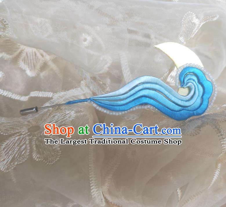 Chinese Ancient Princess Beads Hairpins Hair Accessories Handmade Hanfu Blue Silk Cloud Hair Stick