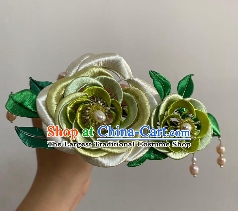 Chinese Ancient Princess Pearls Tassel Hairpins Hair Accessories Handmade Hanfu Green Silk Peony Hair Stick