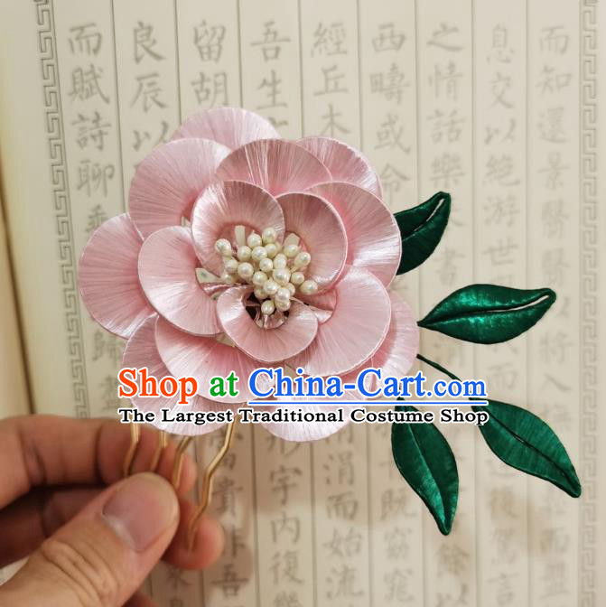 Chinese Ancient Princess Pink Camellia Hairpins Hair Accessories Handmade Hanfu Silk Flower Pearls Hair Stick