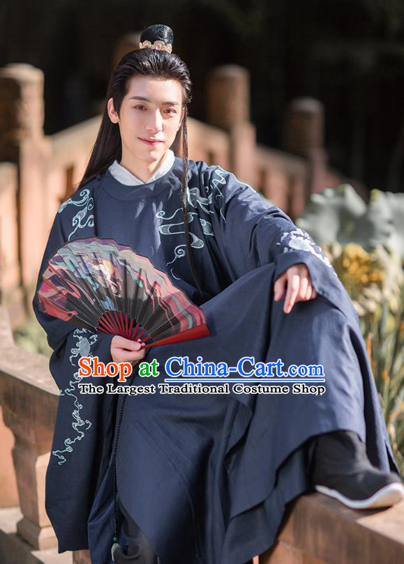 Chinese Ancient Scholar Hanfu Apparels Traditional Costumes Ming Dynasty Noble Prince Garment Embroidered Navy Blue Robe