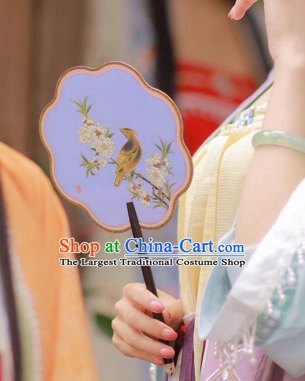 Chinese Classical Lilac Silk Palace Fan Ancient Palace Lady Fans Accessories Song Dynasty Princess Hand Painting Flowers Bird Ebony Fans