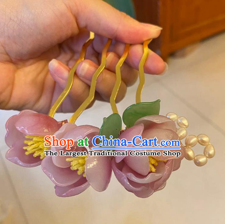 Chinese Ancient Palace Lady Pearls Hairpins Hair Accessories Handmade Pink Plastic Flowers Hair Comb