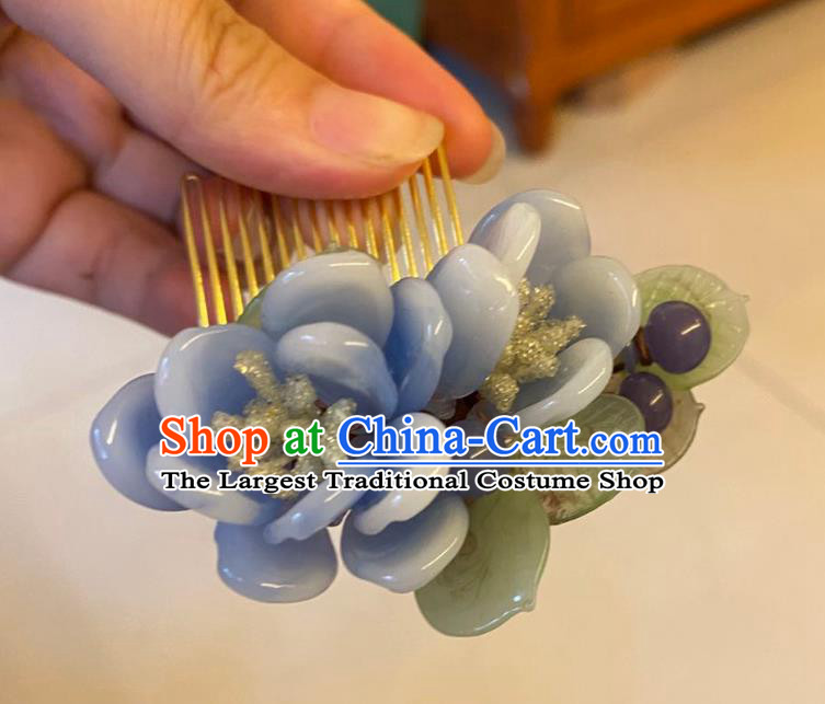 Chinese Ancient Palace Lady Hairpins Hair Accessories Handmade Blue Plastic Flowers Hair Comb
