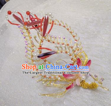 Chinese Ancient Empress Pink Lotus Hair Comb Hairpins Hair Accessories Handmade Ming Dynasty Palace Beads Phoenix Hair Crown