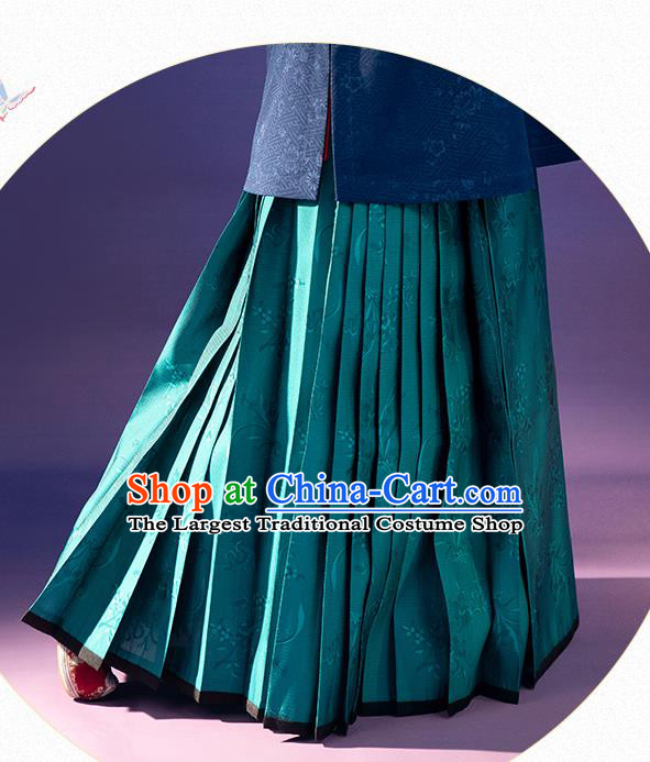 Chinese Ancient Patrician Female Hanfu Dresses Traditional Historical Costumes Ming Dynasty Court Lady Navy Brocade Vest Blouse and Skirt Complete Set