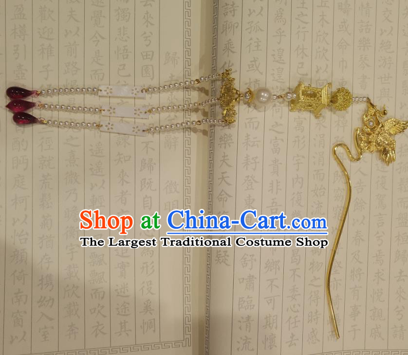 Chinese Ancient Empress Golden Tassel Step Shake Hairpins Hair Accessories Handmade Ming Dynasty Palace Phoenix Hair Stick