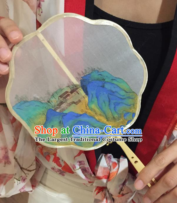 Chinese Classical Wood Handle Silk Fans Handmade Fan Ancient Ming Dynasty Princess Hanfu Landscape Painting Palace Fan