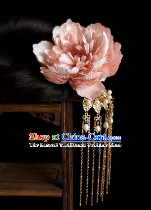 Chinese Ancient Empress Pink Silk Peony Hairpins Hair Accessories Handmade Hanfu Golden Tassel Hair Stick