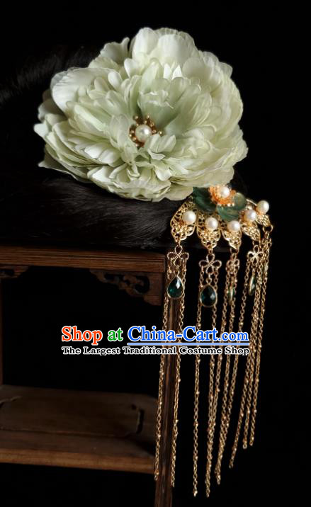 Chinese Ancient Empress Green Silk Peony Hairpins Hair Accessories Handmade Hanfu Golden Tassel Hair Stick