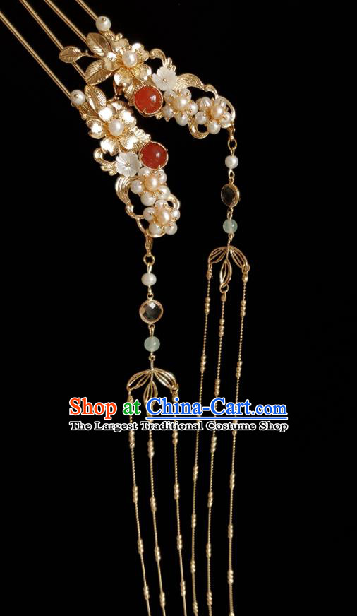Chinese Ancient Empress Golden Tassel Pearls Hairpins Hair Accessories Handmade Ming Dynasty Hanfu Hair Stick